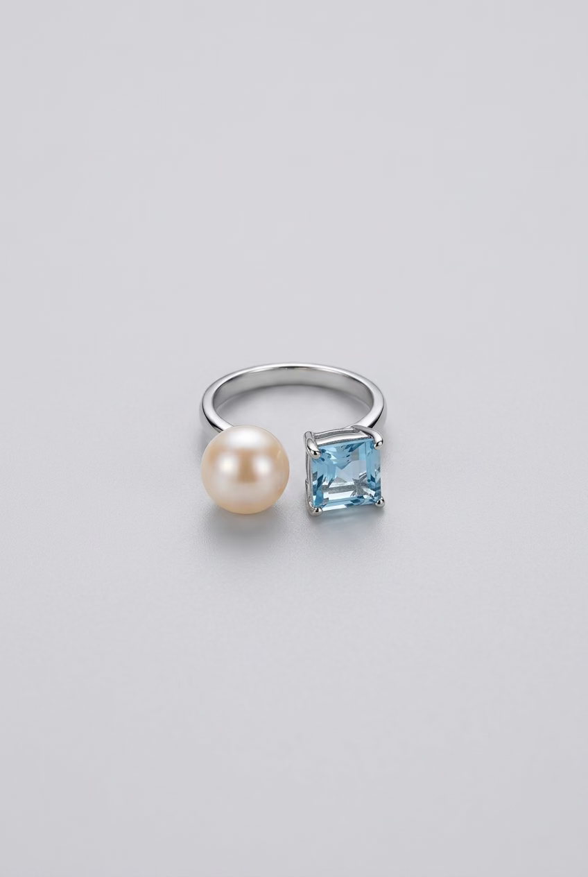 Light Blue Gemstone Pearl Ring 8-9mm