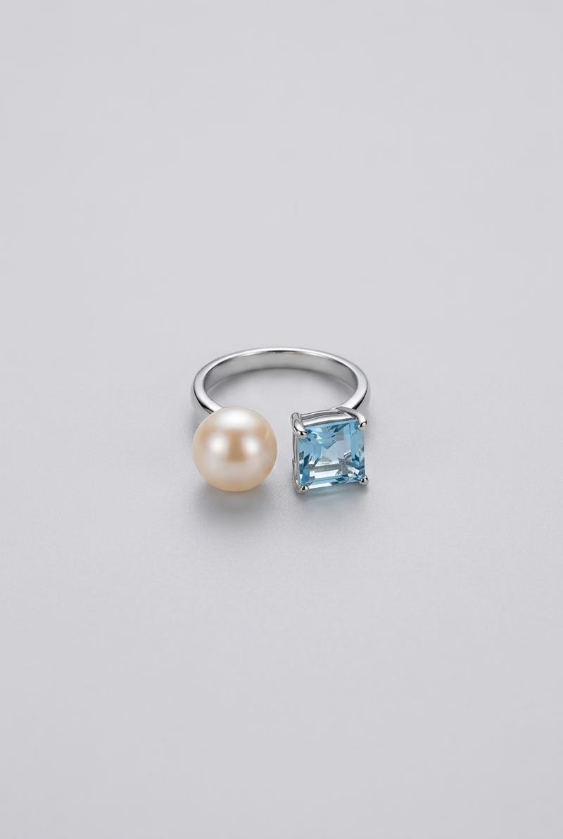 Light Blue Gemstone Pearl Ring 8-9mm