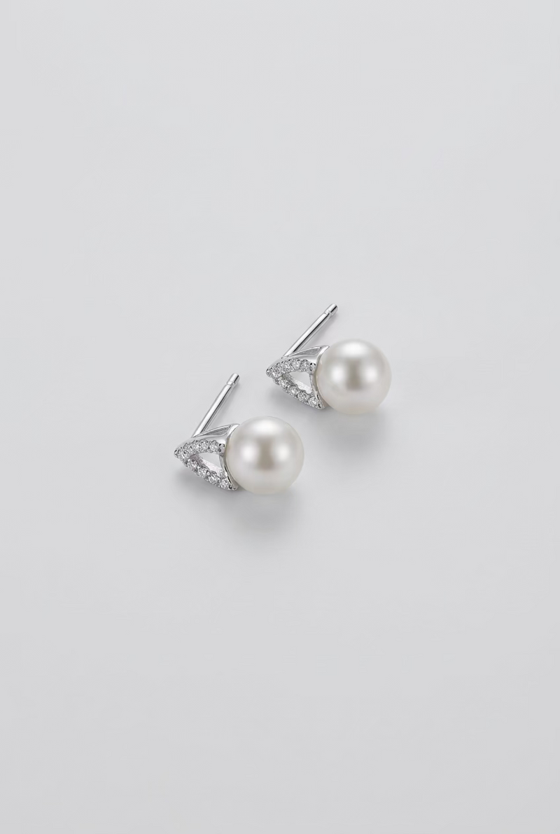 Geometric Diamond-Set Pearl Earrings 6.5-7mm{Pre-order}