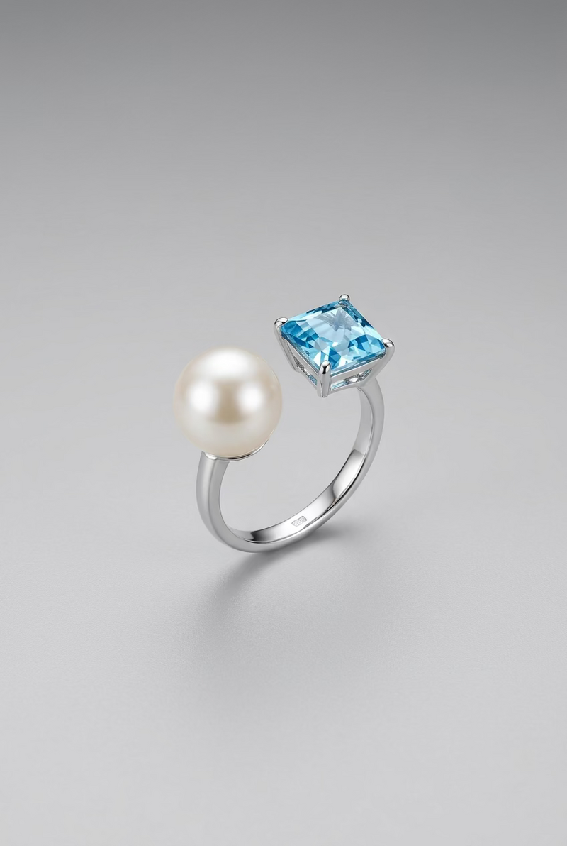 Light Blue Gemstone Pearl Ring 8-9mm
