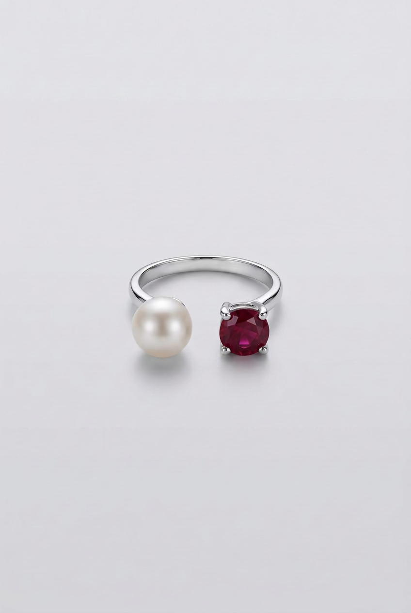 Ruby Gemstone Pearl Ring 8-9mm