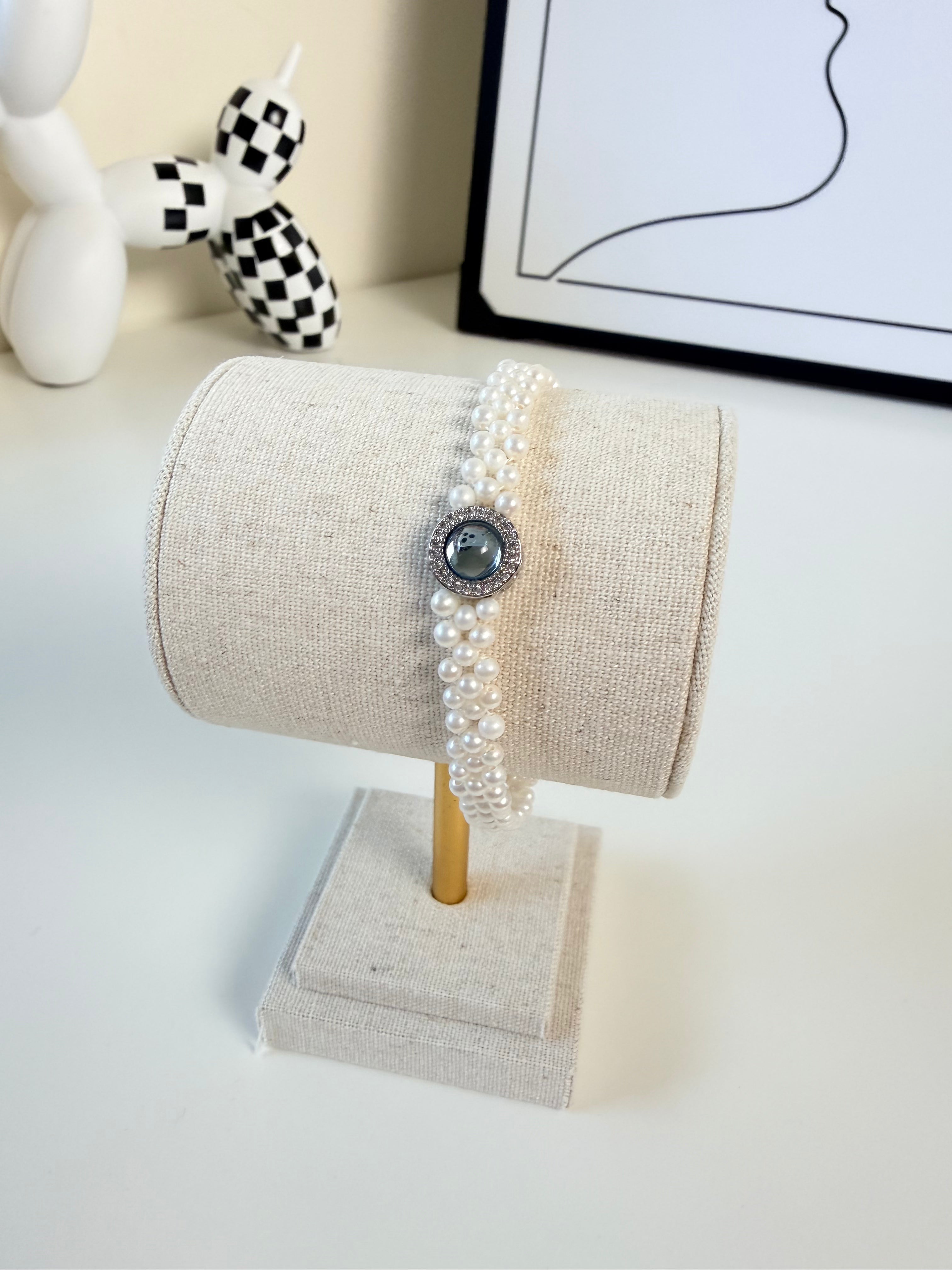 Braided pearl bracelet with sapphire accent 925 sterling silver freshwater round pearl blue gemstone jewelry_ins