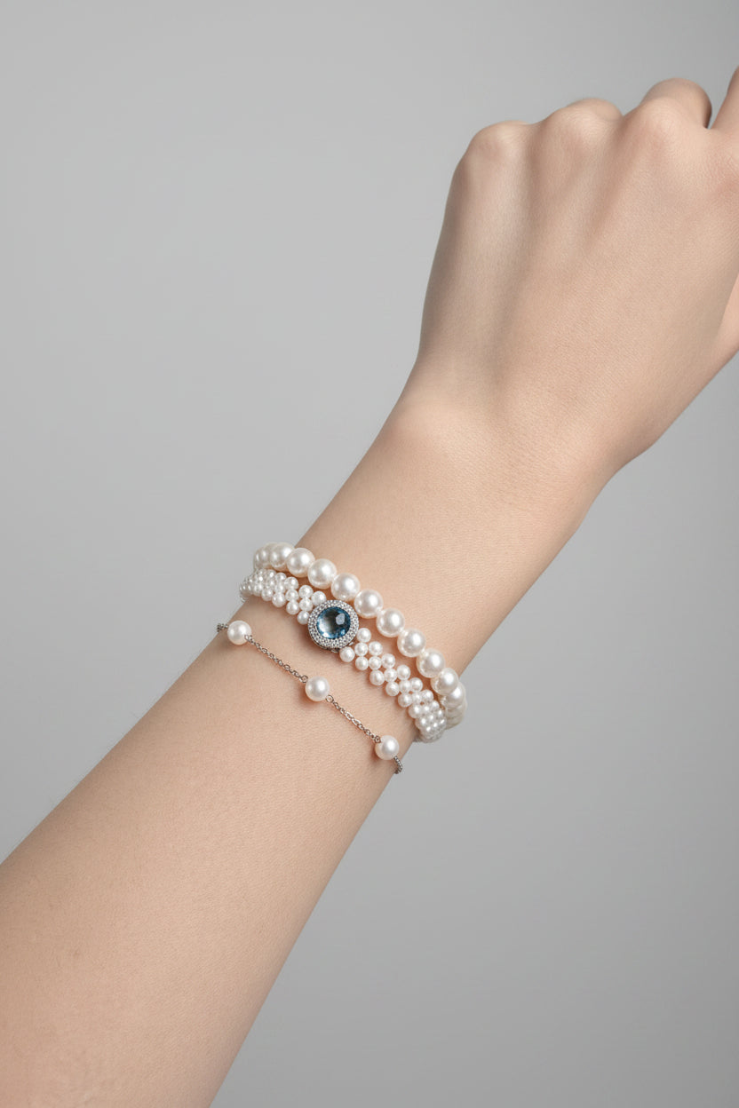 Braided pearl bracelet with sapphire accent 925 sterling silver freshwater round pearl blue gemstone jewelry_model