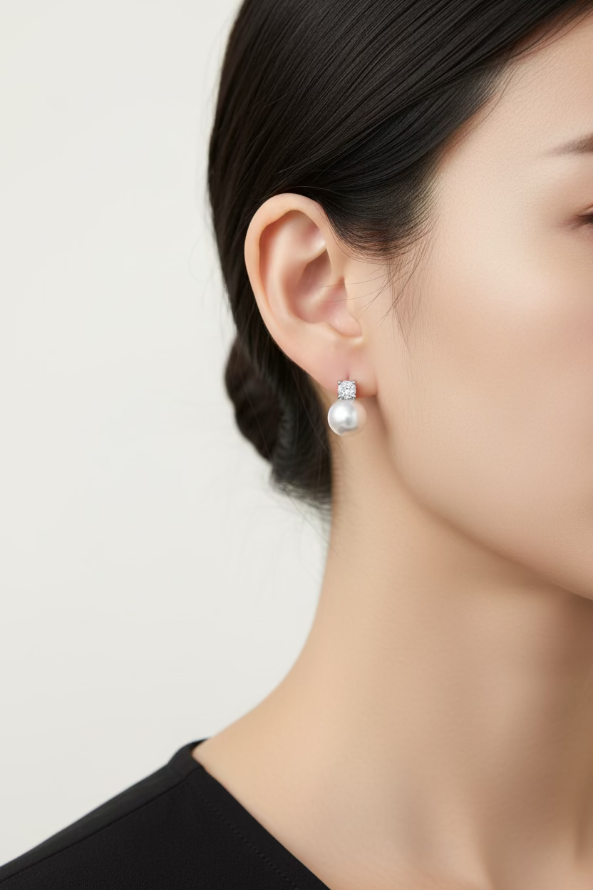 Close-up of 7-8mm freshwater AK pearl earrings mirror-like luster Diana crown setting with cubic zirconia accents