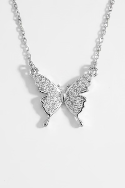 Close-up of butterfly pendant full diamond setting 2cm x 1cm 925 silver Korean jewelry
