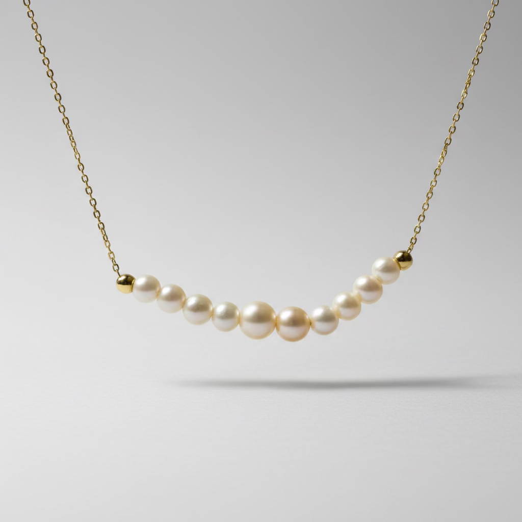 Close-up of smile chain pendant with 10 graduated pearls 5-6mm and 4-5mm 925 silver smiling arc design