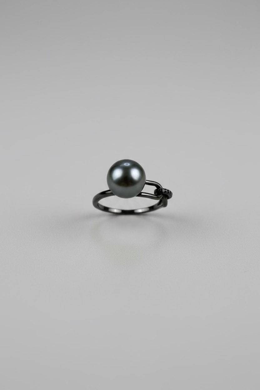 Diamond shape Tahitian pearl ring 7-8mm black saltwater pearl 925 sterling silver geometric design peacock-like green luster