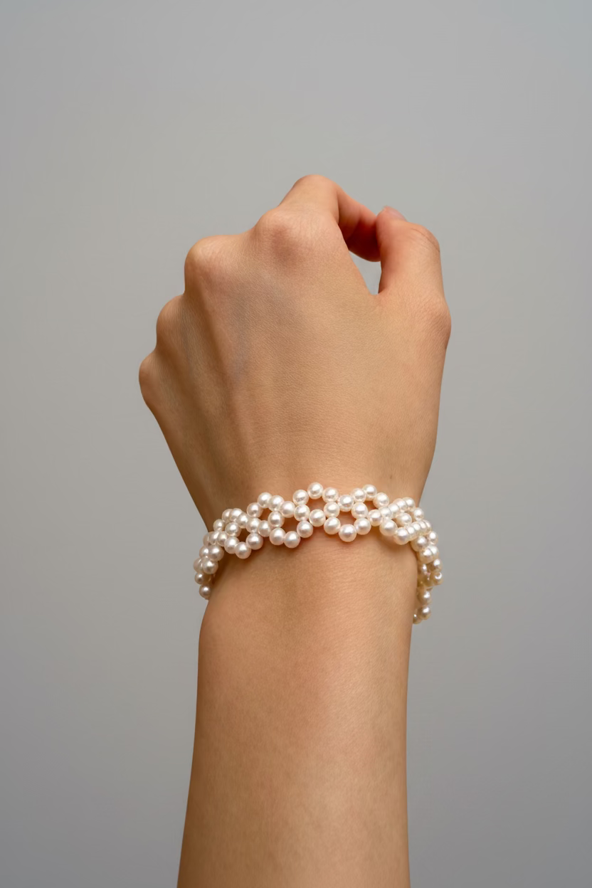 Diamond woven seed pearl bracelet natural freshwater pearls handmade geometric design Vera Muse_model