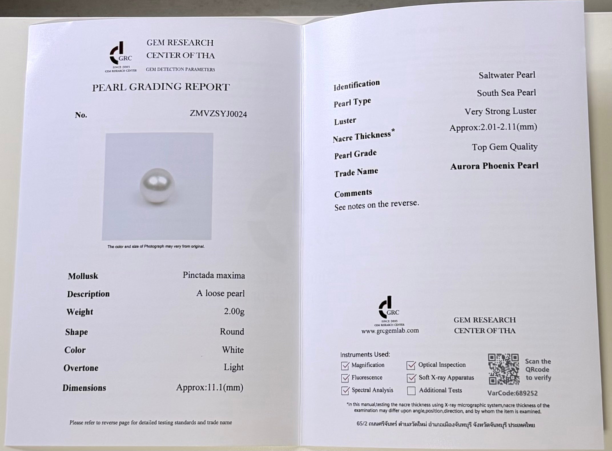 Diana style South Sea pearl pendant 11-12mm with authenticity certificate 18K white gold setting