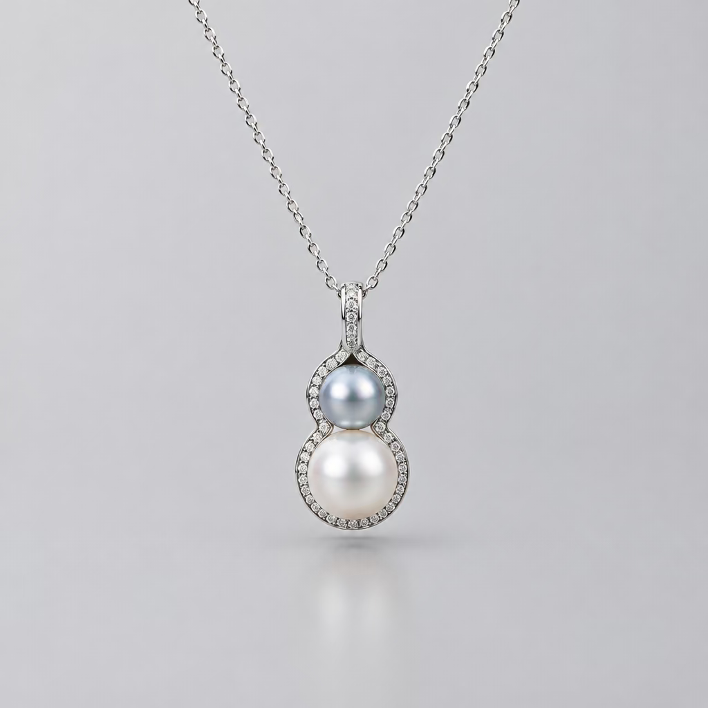 Double gourd pearl pendant Akoya white 9mm and真多麻 silver blue 6mm saltwater pearls 925 silver twin pearl design Vera Muse_01