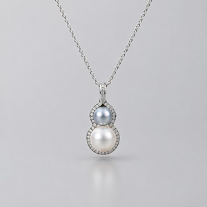 Double gourd pearl pendant Akoya white 9mm and真多麻 silver blue 6mm saltwater pearls 925 silver twin pearl design Vera Muse_01