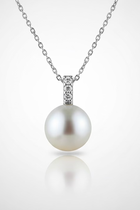 Three diamond style pearl pendant 10mm natural freshwater pearl 925 sterling silver with cz accents classic necklace_closeup