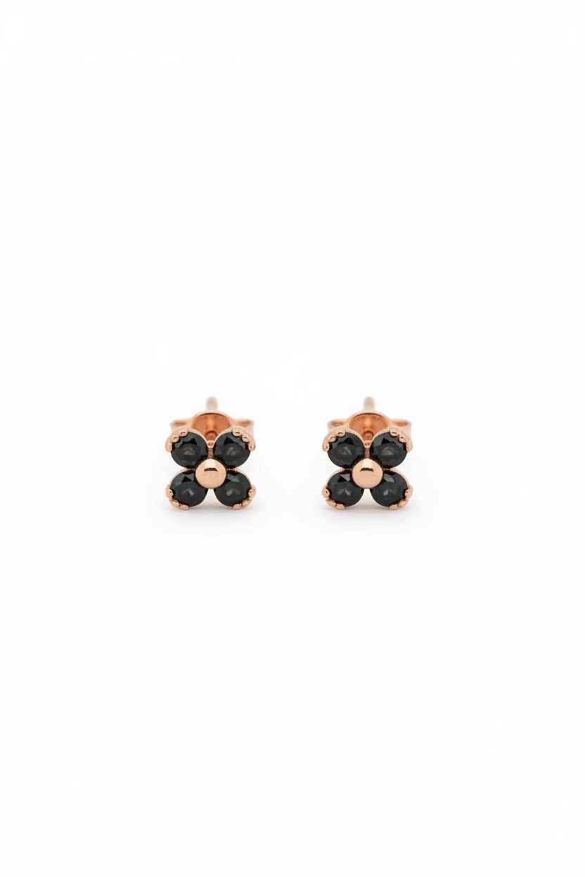 Korean black flower and round stud earrings set 925 sterling silver rose gold plated 2cm post butterfly back Vera Muse