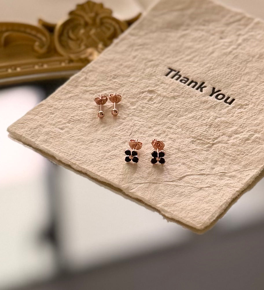 Korean black flower and round stud earrings set 925 sterling silver rose gold plated 2cm post butterfly back Vera Muse_ins