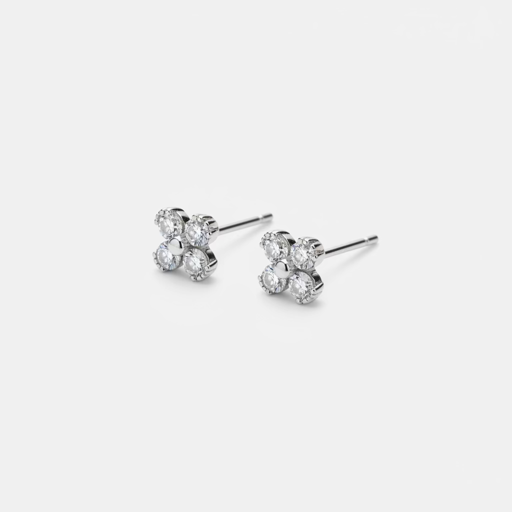 Korean clover and round bead stud earrings set 925 sterling silver 2cm post butterfly back Vera Muse