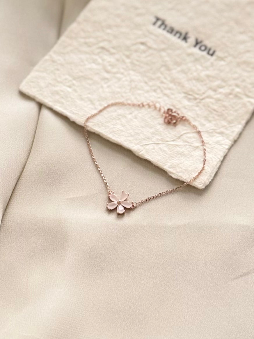 Korean floral bracelet rose gold plated 925 silver 20cm chain flower pendant 1cm x 1cm fairy jewelry Vera Muse_ins