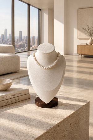 Model wearing 40cm full-strand freshwater pearl necklace 7-8mm on collarbone classic elegant look