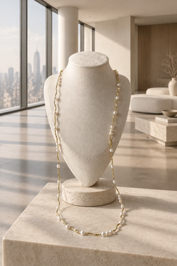 Model wearing Japanese Akoya starry sky pearl necklace long style 84cm silver chain