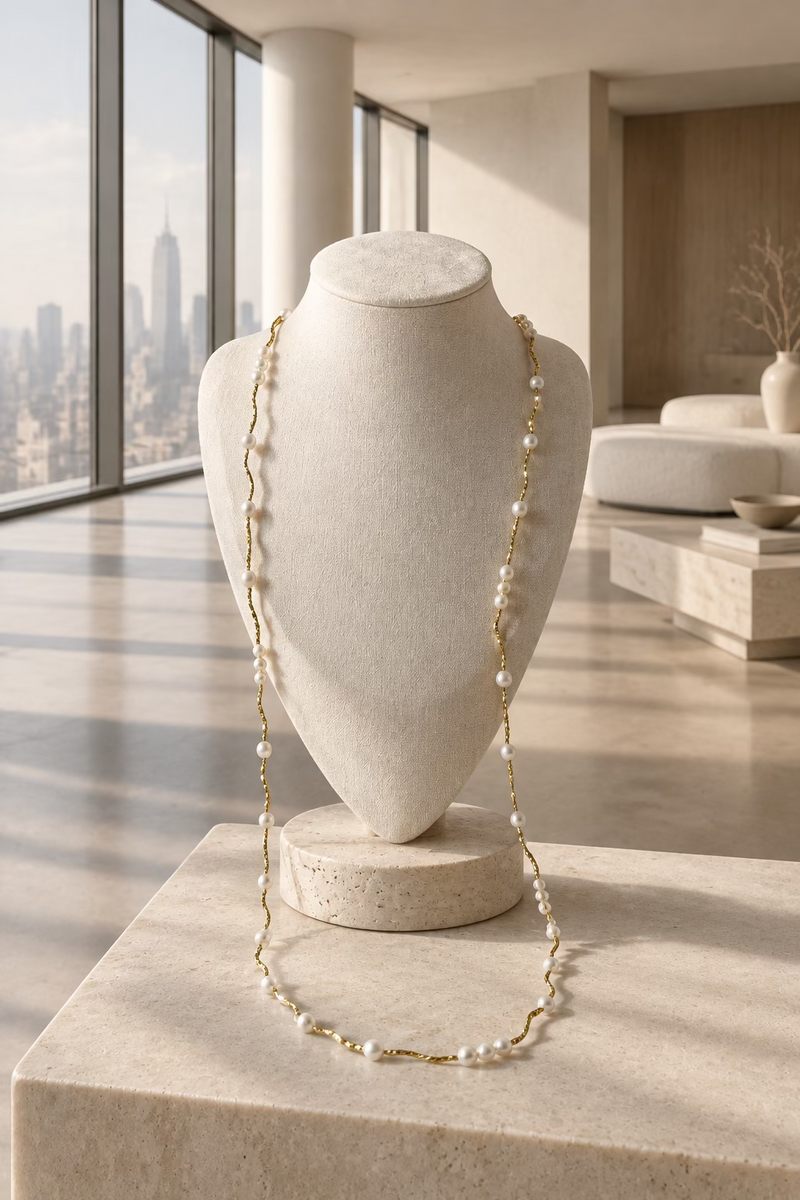 Model wearing Japanese Akoya starry sky pearl necklace long style 84cm silver chain