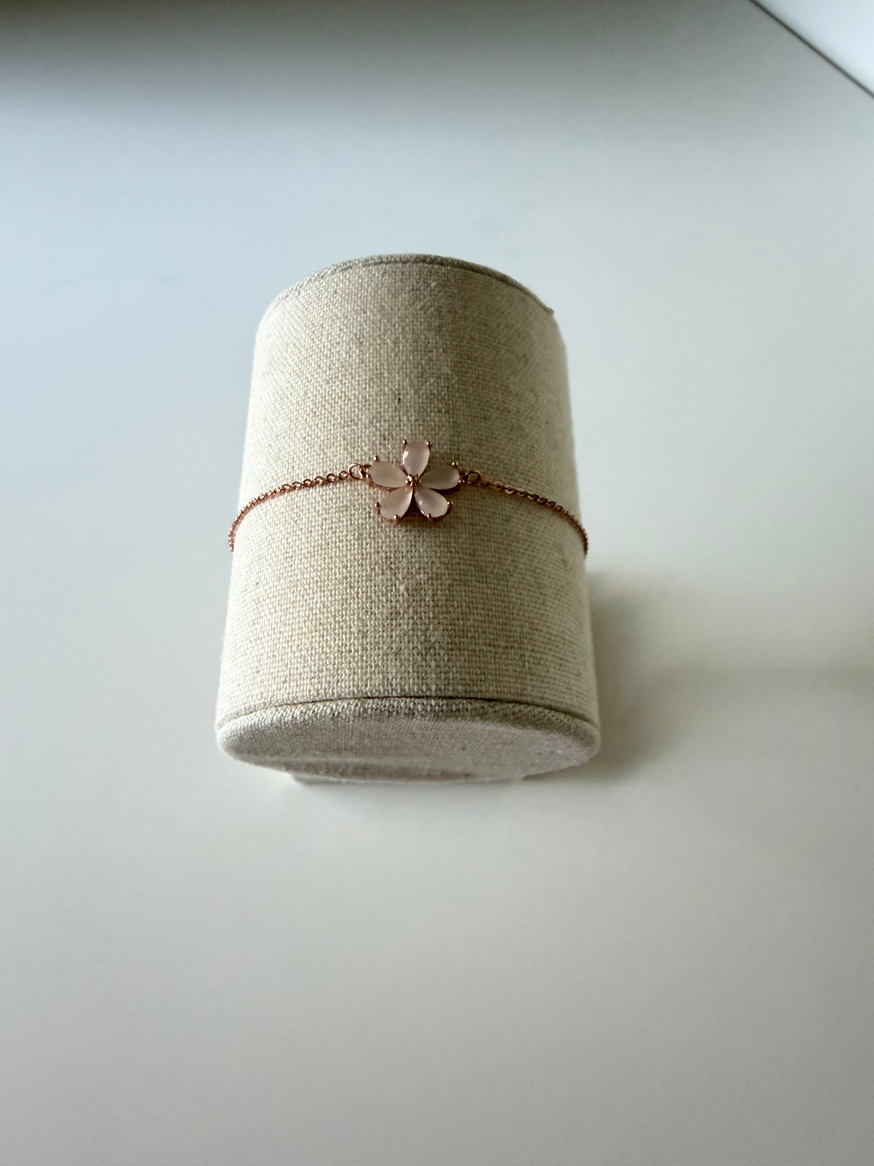 Model wearing Korean rose gold floral bracelet on wrist 20cm chain