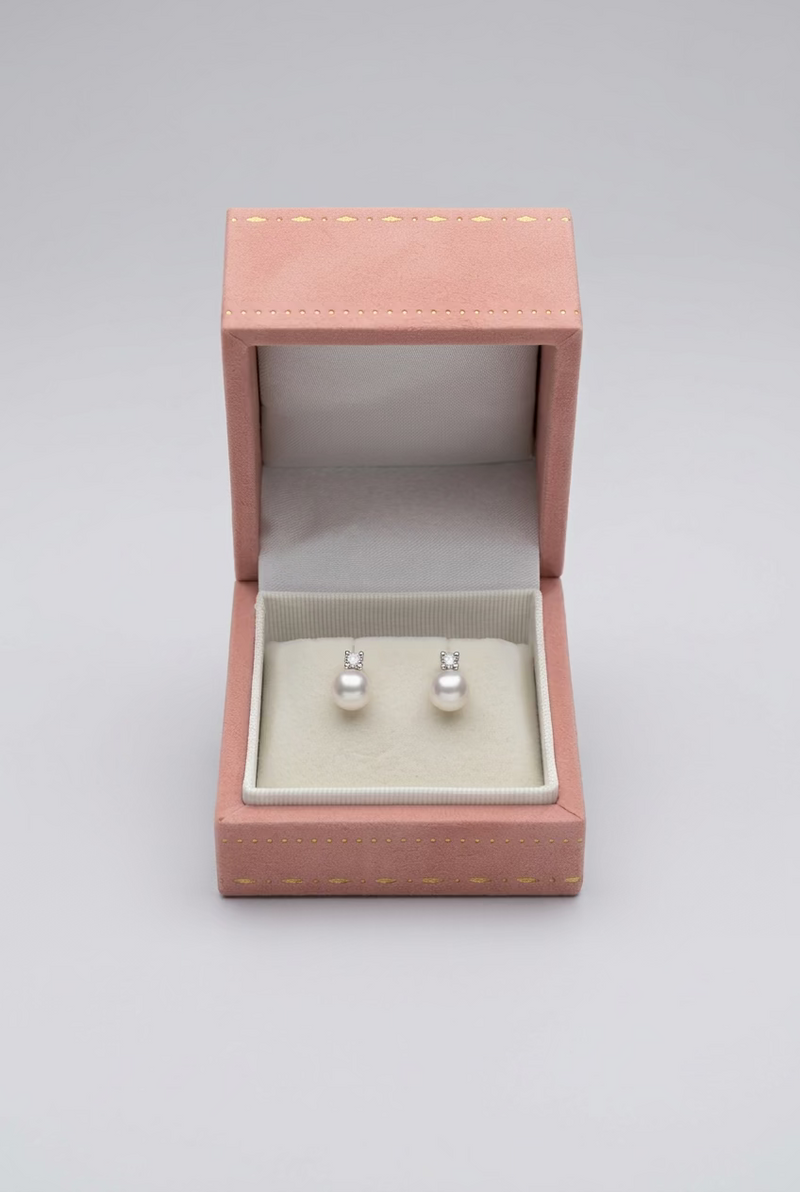 【The Petite Diana】Gem-Quality 7-8mm Akoya-Like Luster Pearl Stud Earrings with Brilliant Diamonds