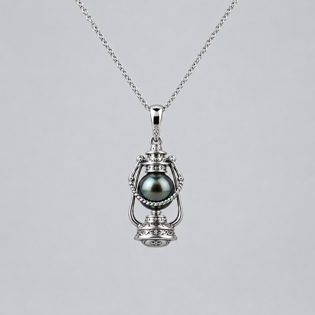 Oil lamp Tahitian pearl pendant 8-9mm black saltwater pearl 925 sterling silver vintage design Vera Muse_01