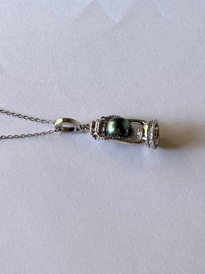 Oil lamp Tahitian pearl pendant 8-9mm black saltwater pearl 925 sterling silver vintage design Vera Muse_03