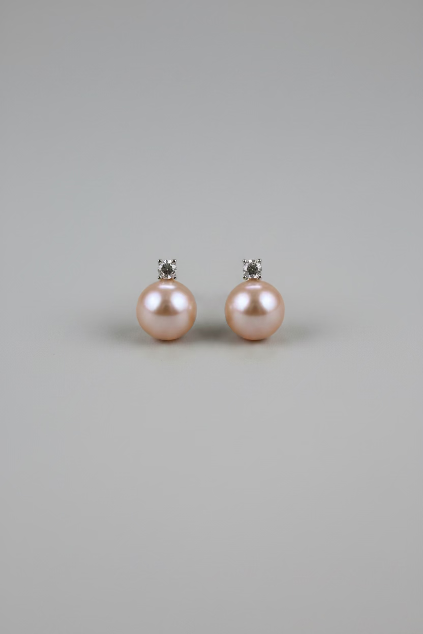 Peach pink pearl stud earrings 9-10mm natural freshwater AK round high luster 925 silver sweet color