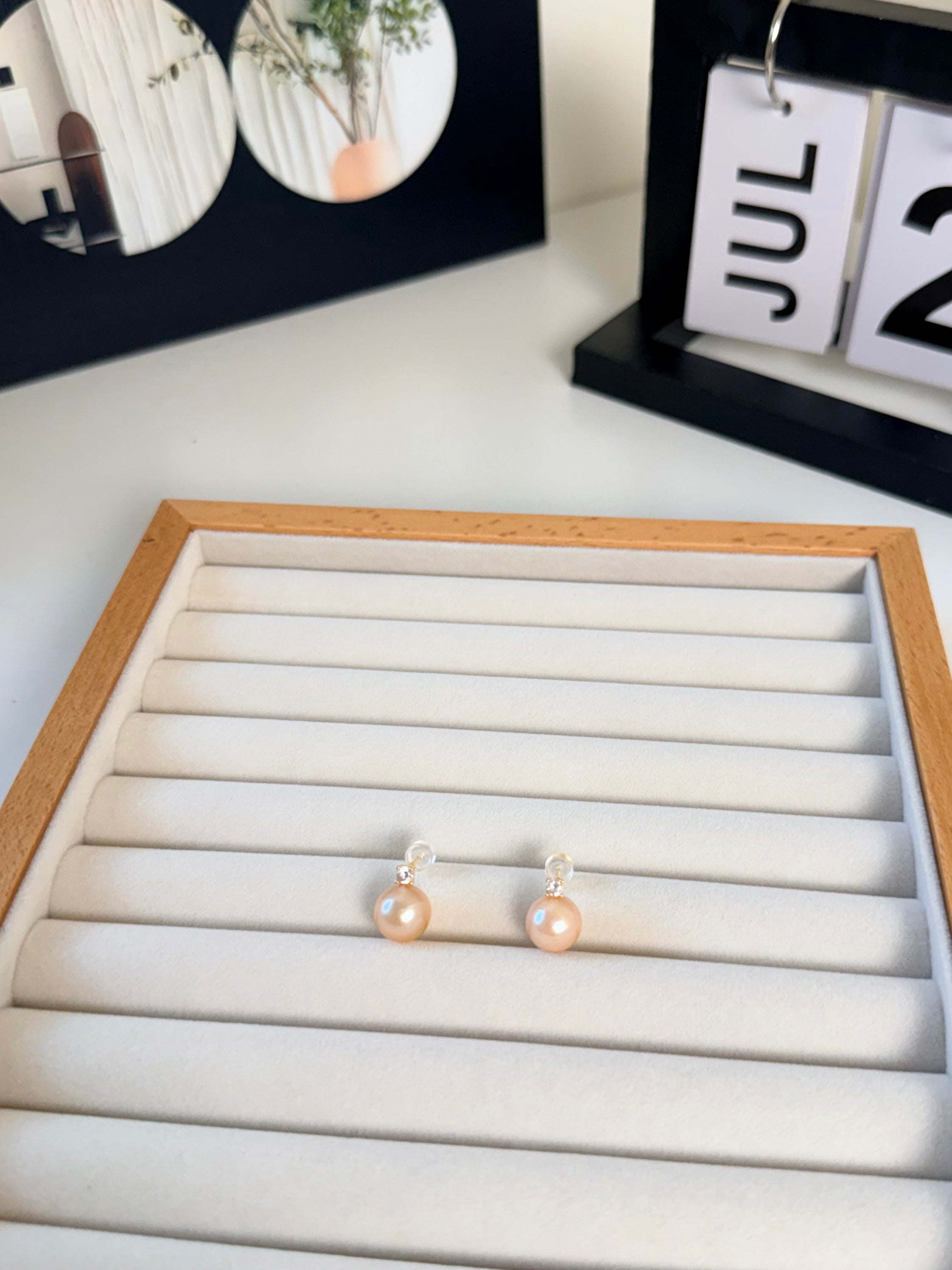 Peach pink pearl stud earrings 9-10mm natural freshwater AK round high luster 925 silver sweet color_ins