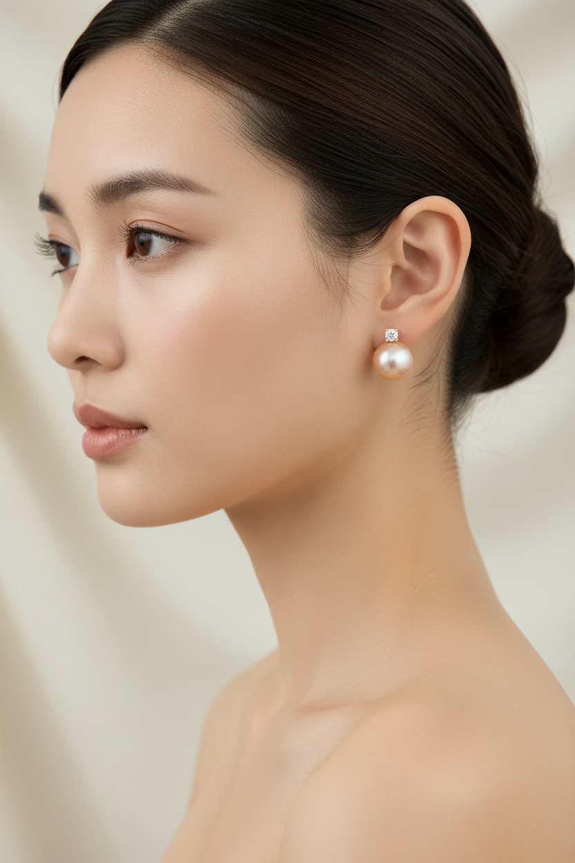 Peach pink pearl stud earrings 9-10mm natural freshwater AK round high luster 925 silver sweet color_model