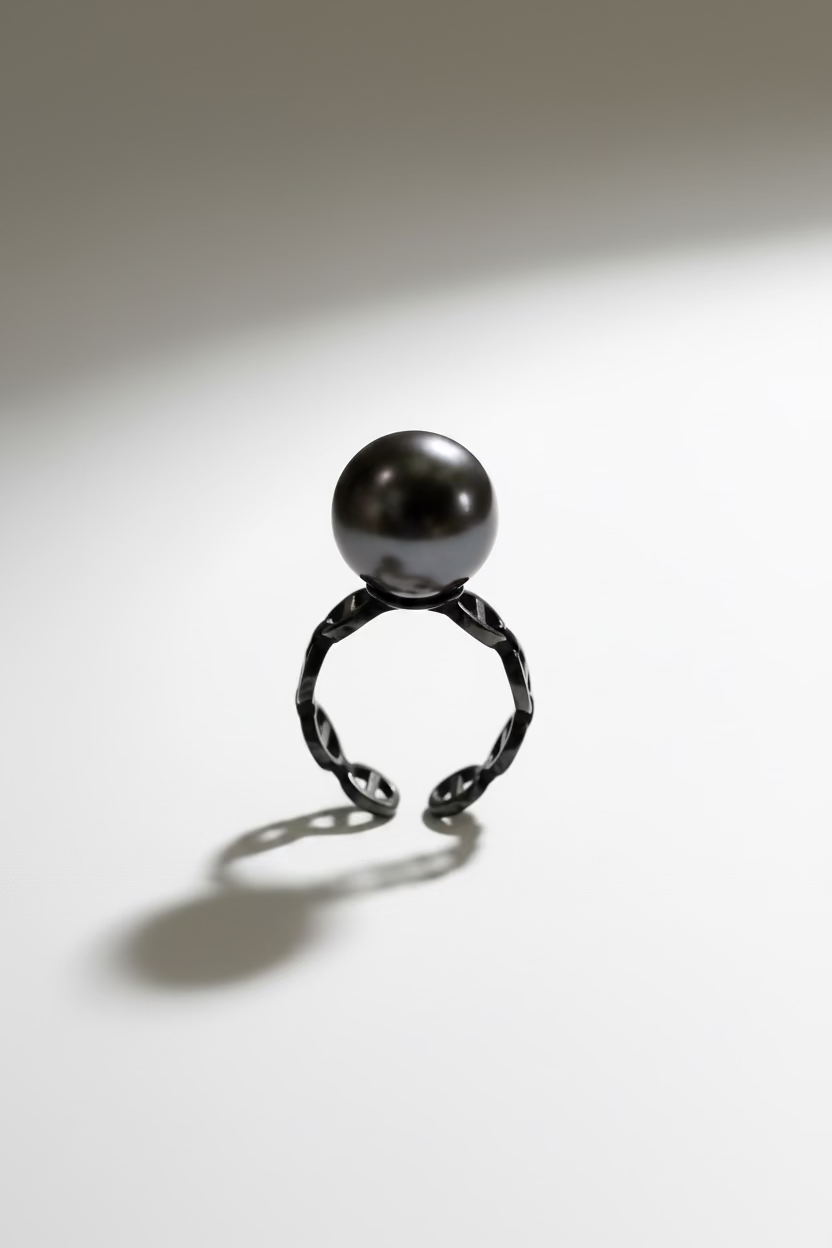 Tahitian black pearl ring 9-10mm pig nose chain design adjustable open band 925 sterling silver green luster