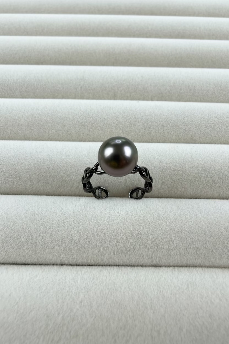 Tahitian black pearl ring 9-10mm pig nose chain design adjustable open band 925 sterling silver green luster_closeup