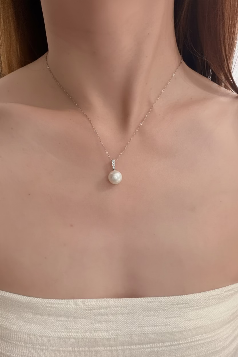 Three diamond style pearl pendant 10mm natural freshwater pearl 925 sterling silver with cz accents classic necklace_model_01