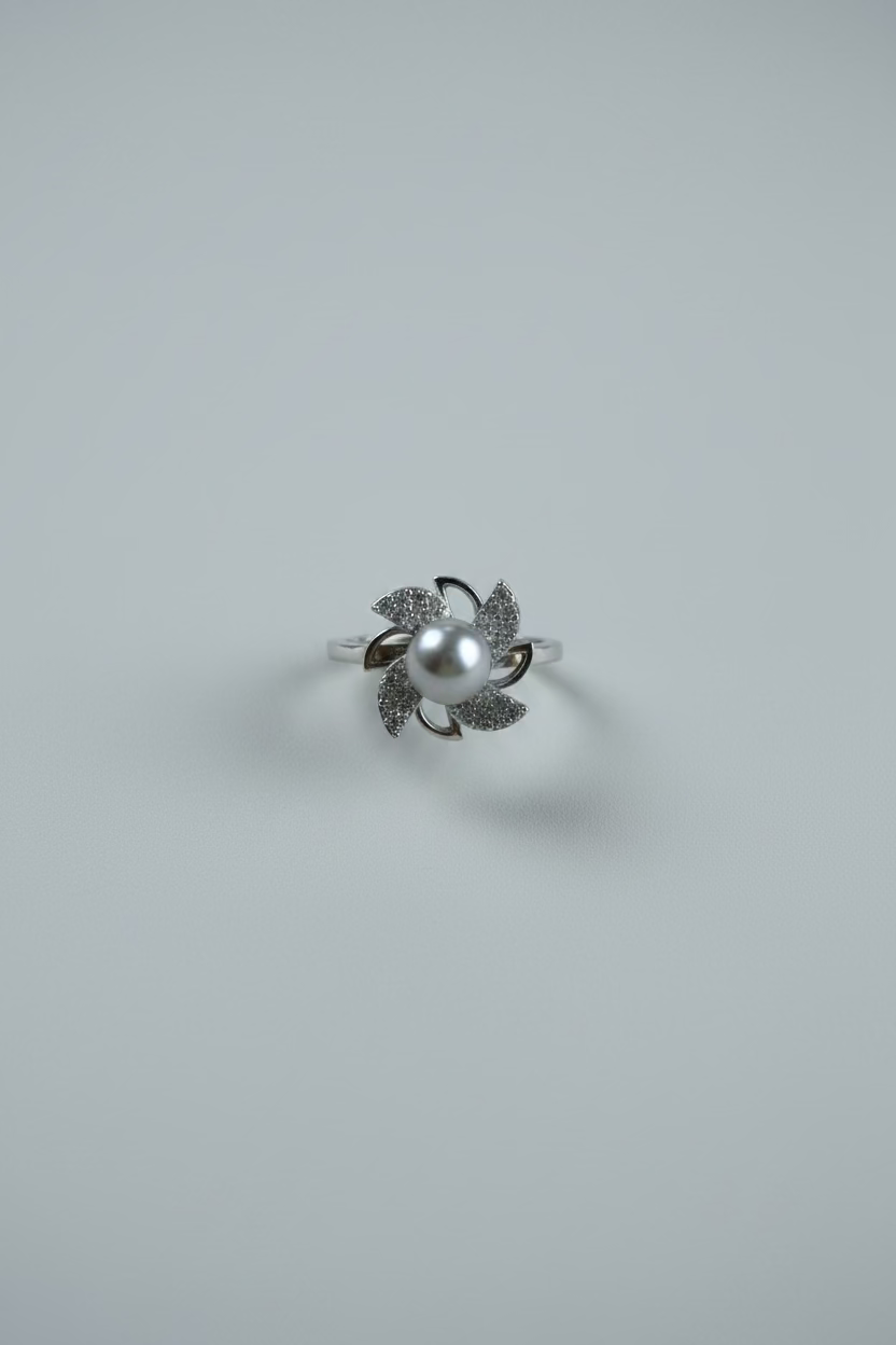 Windmill pearl ring 5-6mm saltwater Akoya quality round pearl 925 sterling silver four-blade lucky design