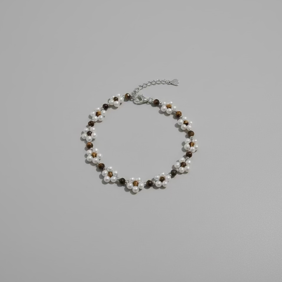 Woven tiger eye and seed pearl bracelet natural tiger eye stone freshwater pearls handmade jewelry Vera Muse