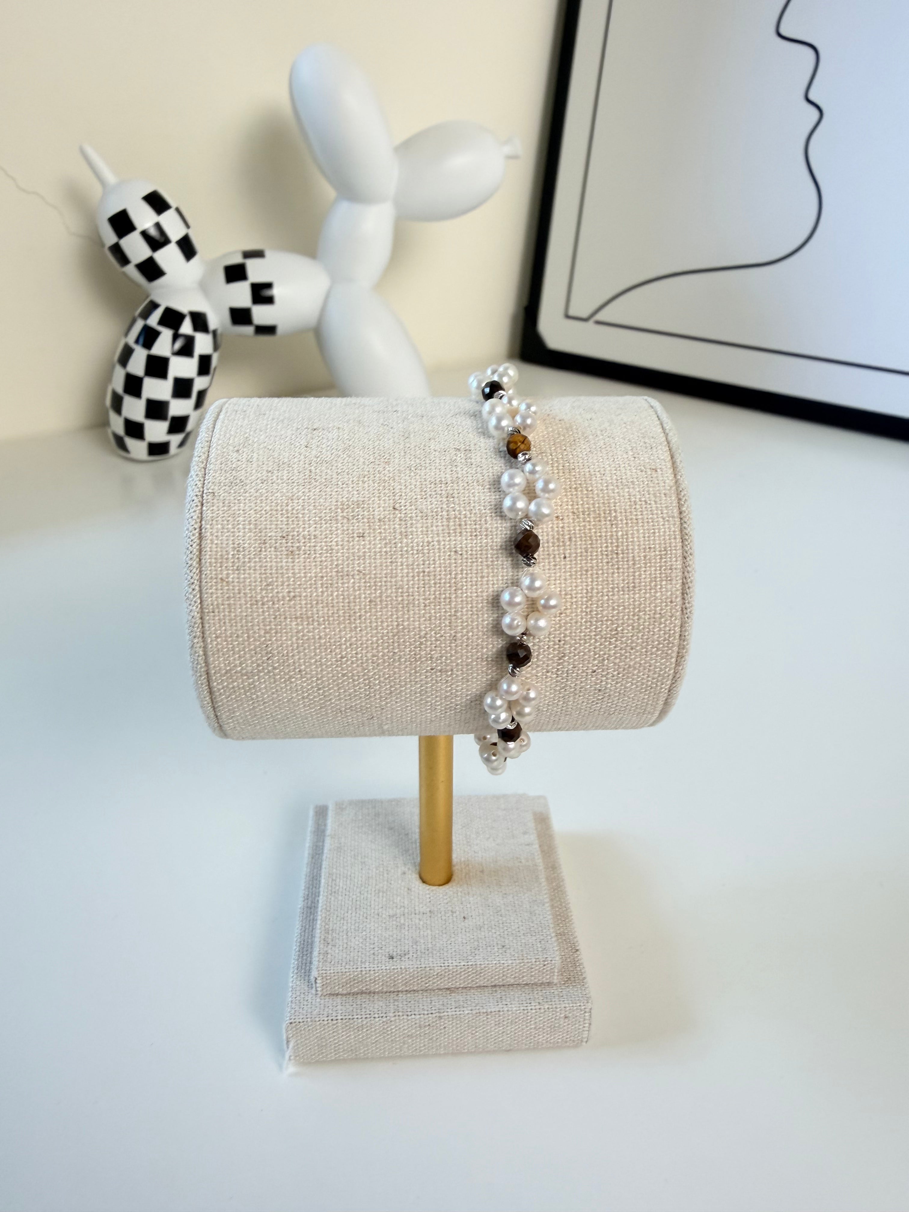 Woven tiger eye and seed pearl bracelet natural tiger eye stone freshwater pearls handmade jewelry Vera Muse_ins_03